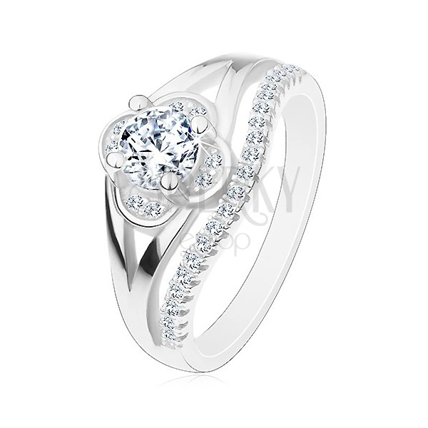 Zásnubní prsten, stříbro 925, čirý zirkonový kvítek a linie drobných zirkonů