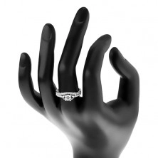 Stříbrný 925 prsten, čirý zirkon, dvojice lístečků a linie drobných zirkonků