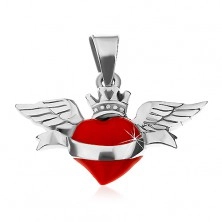 Přívěsek ze stříbra 925, červené srdce se stuhou, korunkou a křídly
