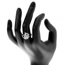 Prsten s lesklými rozdělenými rameny, čirá zirkonová větvička a vlnka