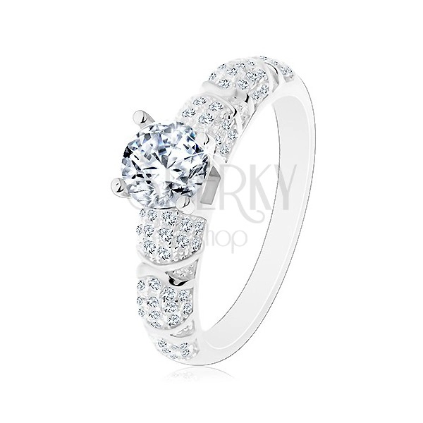 Zásnubní prsten, stříbro 925, větší kulatý zirkon čiré barvy, třpytivá ramena