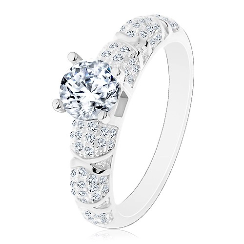 Zásnubní prsten, stříbro 925, větší kulatý zirkon čiré barvy, třpytivá ramena - Velikost: 51
