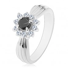 Třpytivý prsten s podlouhlými zářezy, černo-čirý květ z kulatých zirkonů