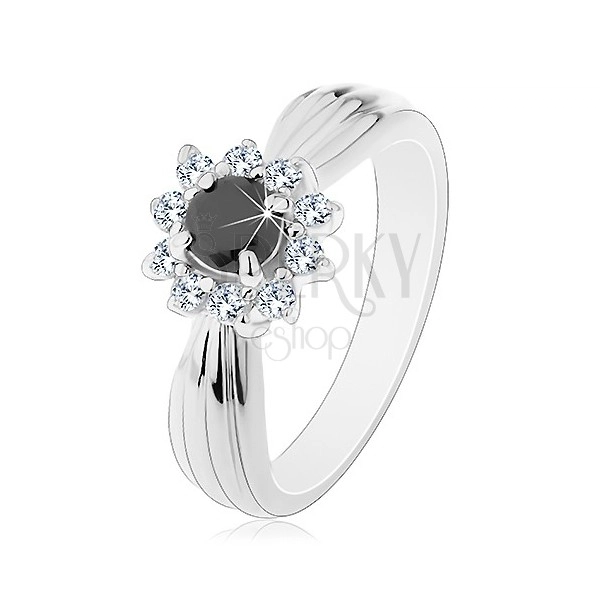 Třpytivý prsten s podlouhlými zářezy, černo-čirý květ z kulatých zirkonů
