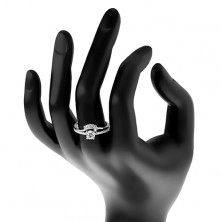 Stříbrný 925 prsten - zásnubní, rozdělená ramena, zirkon, vlnky a třpytivá linie