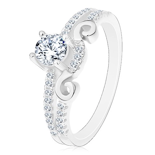 Stříbrný 925 prsten, rozdělená ramena, zirkon, ornament a zirkonová linie - Velikost: 66
