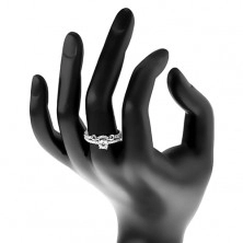 Stříbrný 925 prsten, rozdělená ramena, zirkon, ornament a zirkonová linie