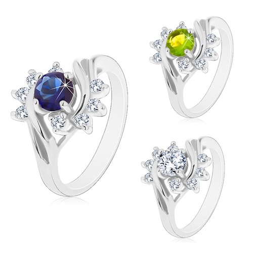 Prsten s lesklými rameny ve stříbrném odstínu, barevný zirkon, čiré oblouky - Velikost: 54, Barva: Modrá