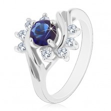 Prsten s lesklými rameny ve stříbrném odstínu, barevný zirkon, čiré oblouky