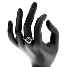 Prsten s lesklými rameny ve stříbrném odstínu, barevný zirkon, čiré oblouky