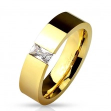 Lesklý ocelový prsten zlaté barvy, vsazený obdélníkový čirý zirkon, 6 mm