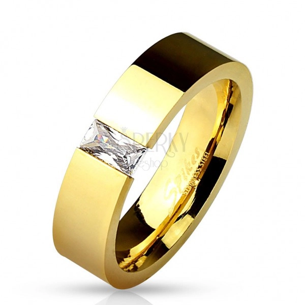 Lesklý ocelový prsten zlaté barvy, vsazený obdélníkový čirý zirkon, 6 mm