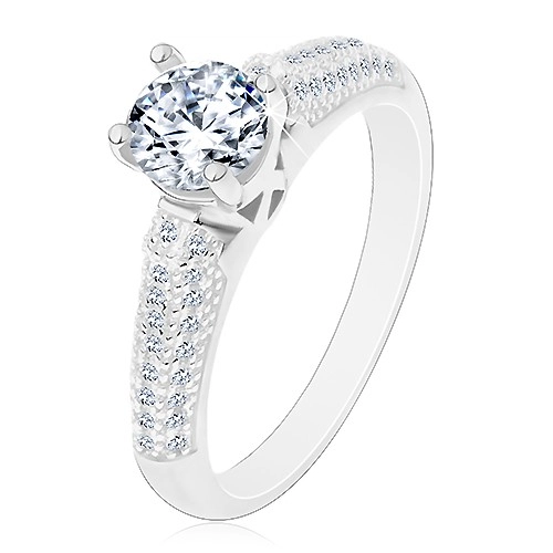 Stříbrný prsten 925, kulatý čirý zirkon, třpytivá zirkonová ramena - Velikost: 65