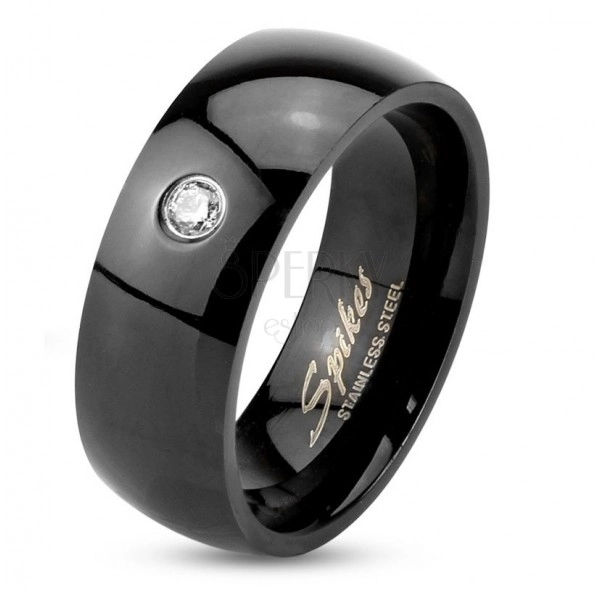 Prsten z oceli 316L v černé barvě, vypouklá lesklá ramena, čirý zirkon, 8 mm