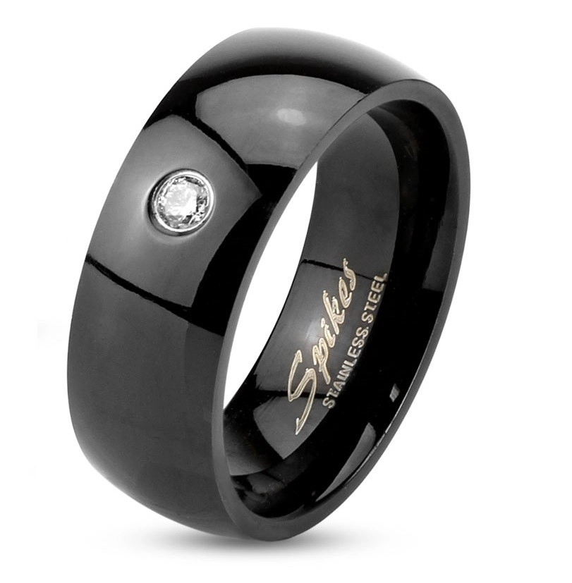 Prsten z oceli 316L v černé barvě, vypouklá lesklá ramena, čirý zirkon, 8 mm - Velikost: 63