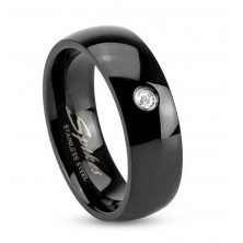 Černý ocelový prsten, lesklá zaoblená ramena, čirý zirkonek, 6 mm