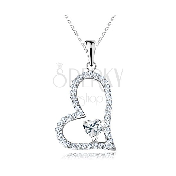 Stříbrný náhrdelník 925, asymetrická kontura srdce, čiré zirkonové srdíčko