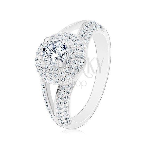 Stříbrný prsten 925 - zásnubní, rozdělená ramena, zářivý kruh se zirkonem