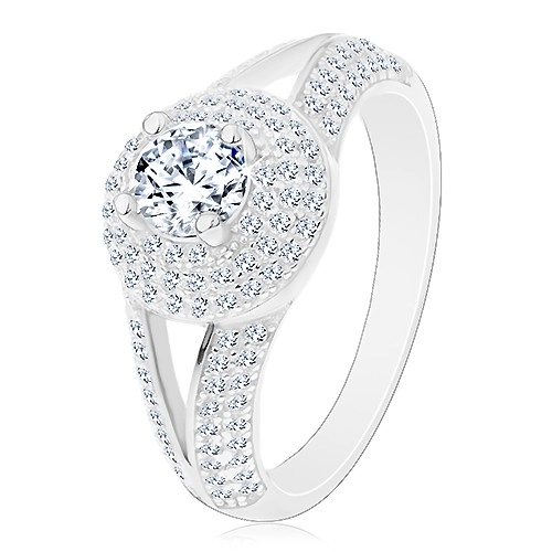 Stříbrný prsten 925 - zásnubní, rozdělená ramena, zářivý kruh se zirkonem - Velikost: 50