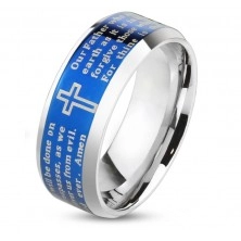Lesklý prsten z oceli 316L, modrý pás s křížem a modlitbou, 8 mm