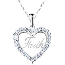 Stříbrný 925 náhrdelník, zirkonový obrys srdce, nápis Faith, tenký řetízek