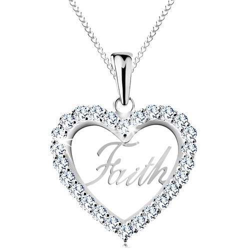 Stříbrný 925 náhrdelník, zirkonový obrys srdce, nápis Faith, tenký řetízek