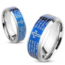 Ocelový prsten s modrým středovým pásem, křížem a modlitbou, 6 mm