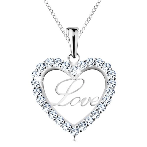 Stříbrný náhrdelník 925, tenký řetízek, třpytivá kontura srdce, nápis Love