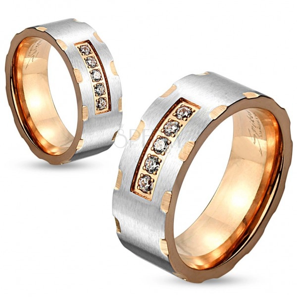 Dvoubarevný ocelový prsten, stříbrný a měděný odstín, zářezy, čiré zirkony, 6 mm