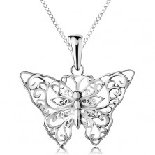 Stříbrný 925 náhrdelník, motýlek s vyřezávanými ornamenty, řetízek