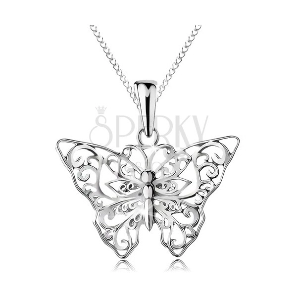 Stříbrný 925 náhrdelník, motýlek s vyřezávanými ornamenty, řetízek