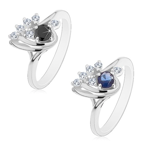 Prsten stříbrné barvy, asymetrická kapka s čirými a barevnými zirkony - Velikost: 54, Barva: Tmavomodrá