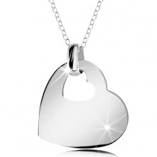 Stříbrný náhrdelník 925, lesklé srdce s výřezem ve tvaru malého srdíčka, řetízek