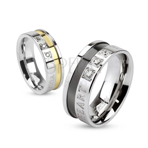 Prsten z chirurgické oceli, stříbrná a zlatá barva, zamilovaný nápis, zirkony, 6 mm