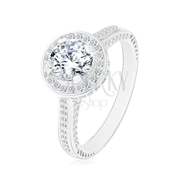 Stříbrný 925 prsten, zářivý kulatý zirkon čiré barvy ve třpytivém kruhu