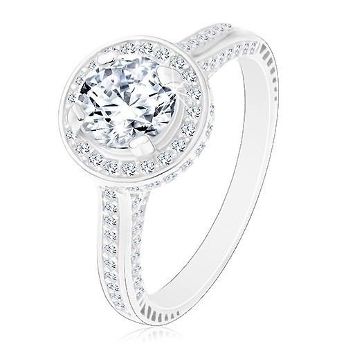 Stříbrný 925 prsten, zářivý kulatý zirkon čiré barvy ve třpytivém kruhu - Velikost: 48