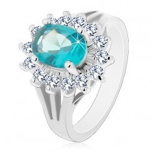 Prsten s rozdělenými rameny, barevný zirkonový ovál s čirou obrubou