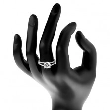 Stříbrný 925 prsten - zásnubní, rozdělená zirkonová ramena, zářivý kulatý zirkon