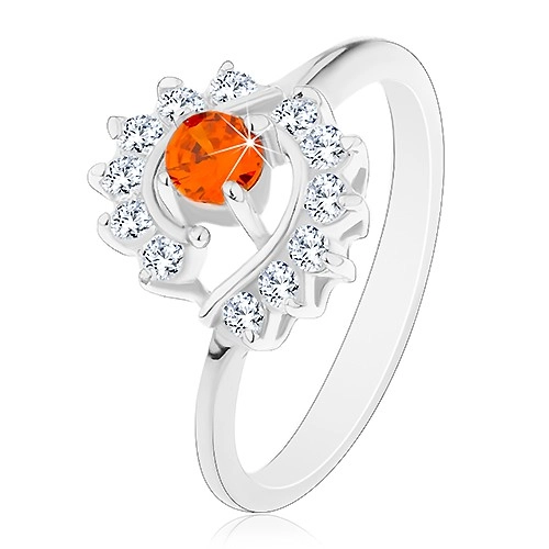 Prsten stříbrné barvy, čiré zirkonové oblouky, kulatý oranžový zirkon - Velikost: 49, Barva: Oranžová
