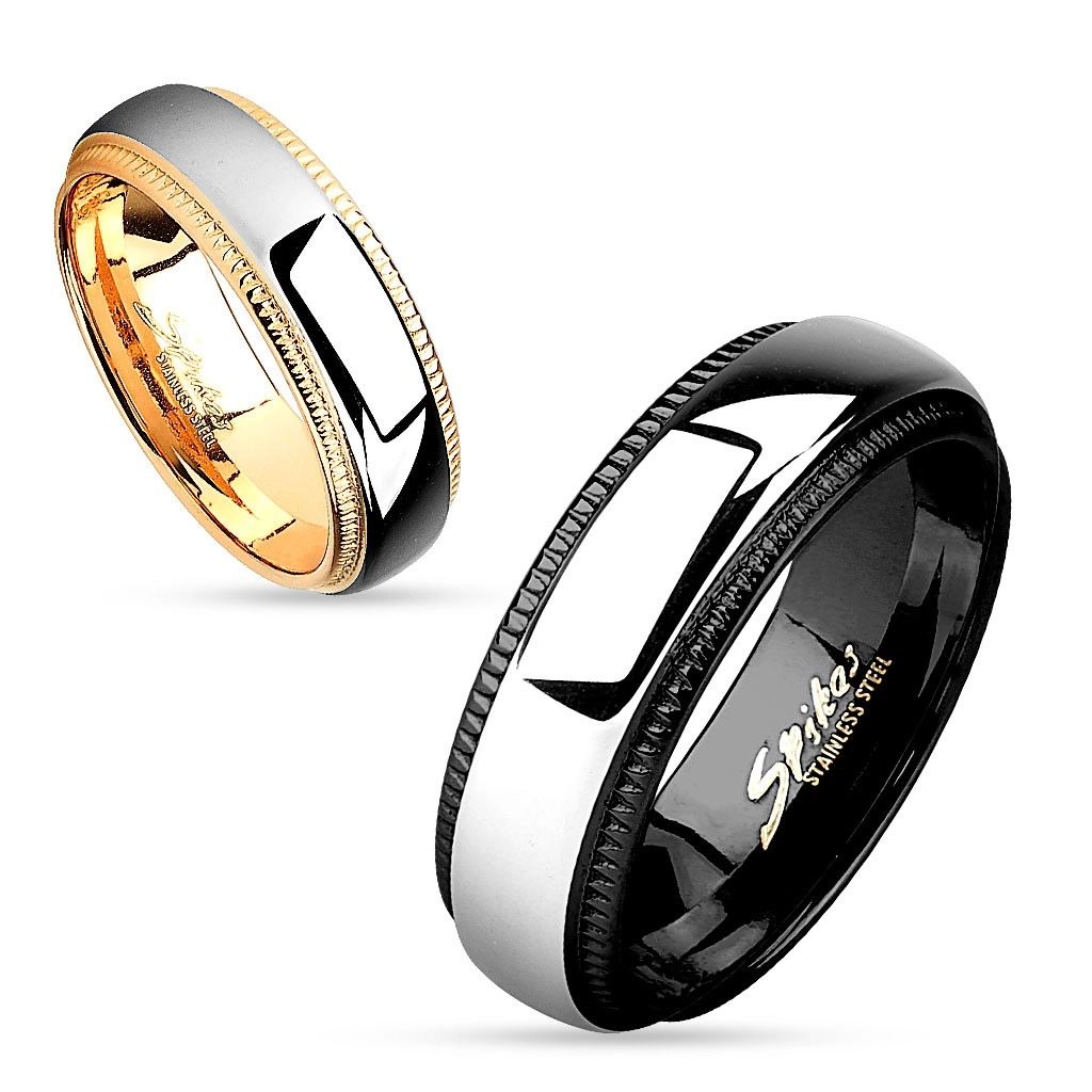 Prsten z chirurgické oceli, lesklý pás stříbrné barvy, okraje s vroubky, 6 mm - Velikost: 57