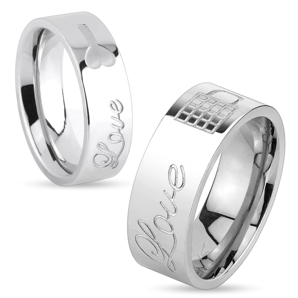 Lesklý ocelový prsten stříbrné barvy, nápis Love a zamknutý zámeček, 8 mm - Velikost: 65