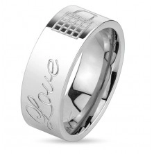 Lesklý ocelový prsten stříbrné barvy, nápis Love a zamknutý zámeček, 8 mm