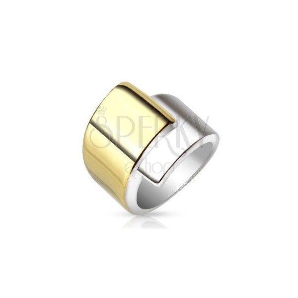Ocelový prsten, široká překrývající se ramena zlaté a stříbrné barvy