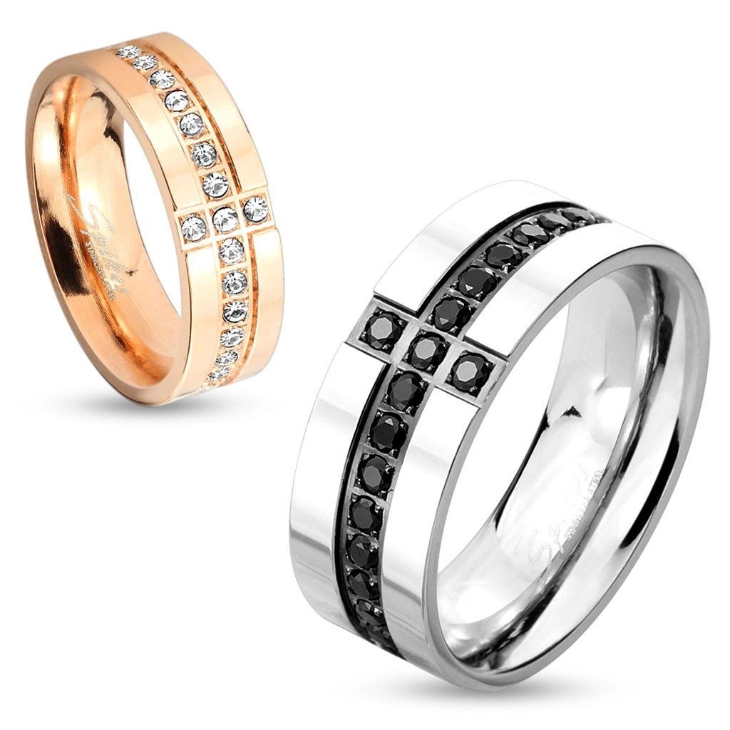 Prsten z chirurgické oceli stříbrné barvy, ozdobné linie z černých zirkonů, 8 mm - Velikost: 59