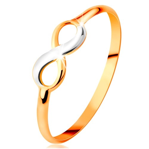 Zlatý prsten 585 - dvoubarevný lesklý symbol nekonečna, úzká hladká ramena - Velikost: 49