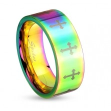 Barevný ocelový prsten s lesklým povrchem a křížky stříbrné barvy, 6 mm
