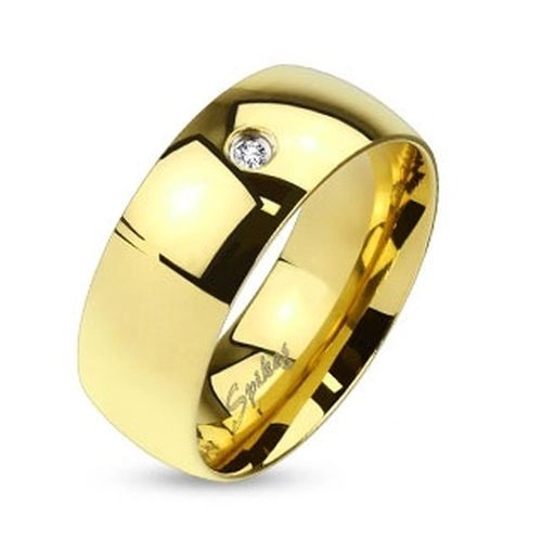 Prsten z oceli 316L zlaté barvy, čirý zirkonek, lesklý hladký povrch, 8 mm - Velikost: 73