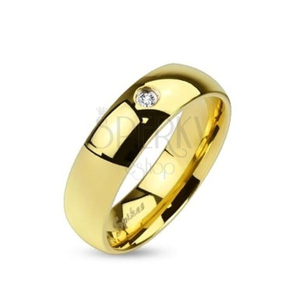 Ocelový prsten ve zlatém odstínu, lesklý hladký povrch, čirý zirkonek, 6 mm