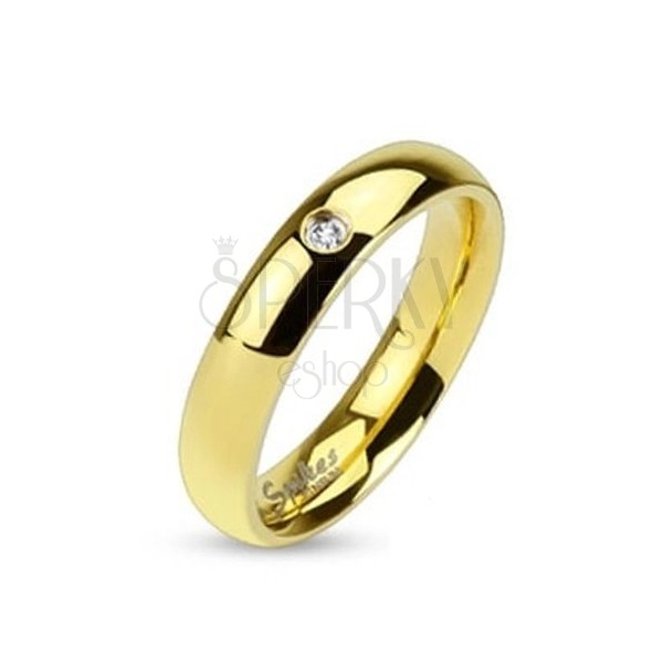 Prsten z oceli 316L zlaté barvy, čirý zirkonek, lesklý hladký povrch, 4 mm
