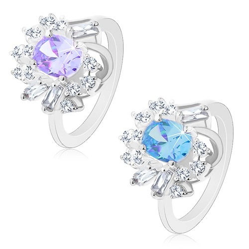 Prsten stříbrné barvy, velký oválný zirkon, kulaté a obdélníkové zirkonky - Velikost: 57, Barva: Aqua modrá